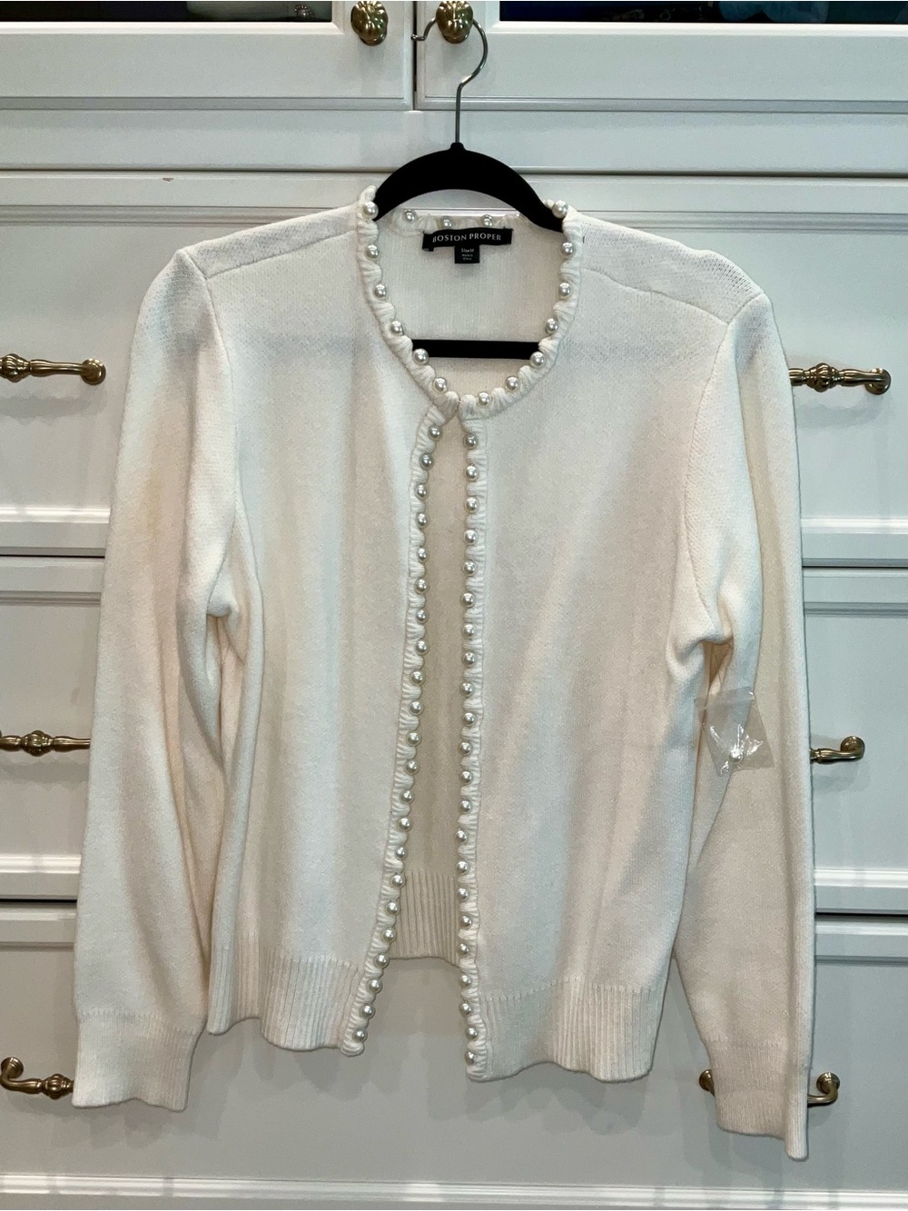 Boston Proper Cream Pearl-Trim Knit Cardigan